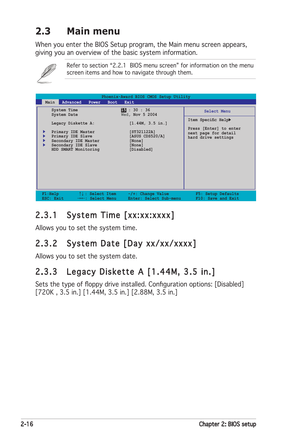 3 main menu, Allows you to set the system time, Allows you to set the system date | Asus Motherboard A8V-XE User Manual | Page 58 / 86