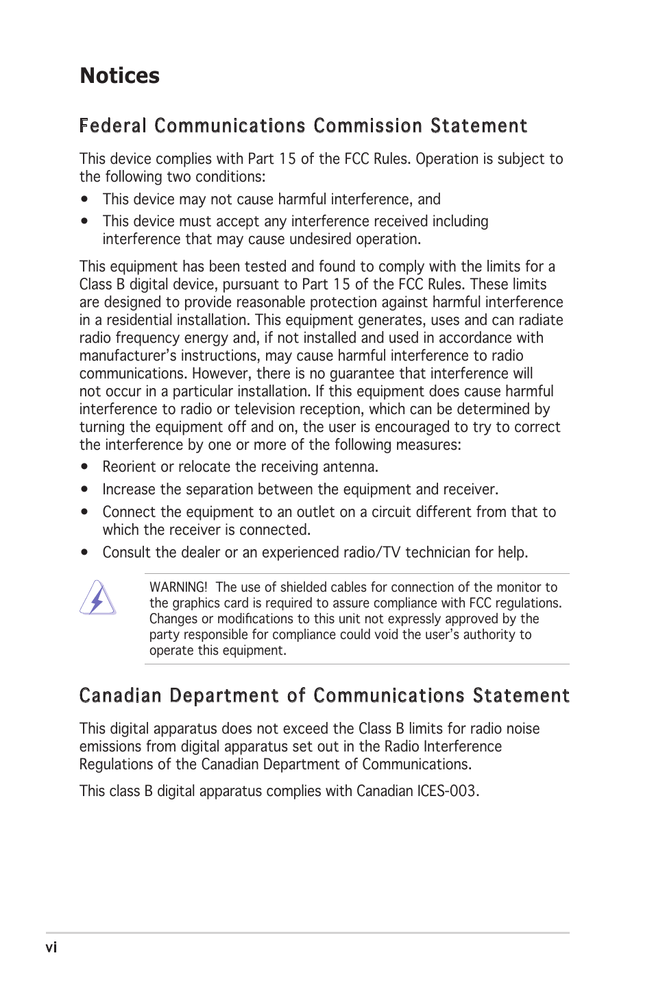 Notices, Federal communications commission statement, Canadian department of communications statement | Asus Motherboard A8V-XE User Manual | Page 6 / 86