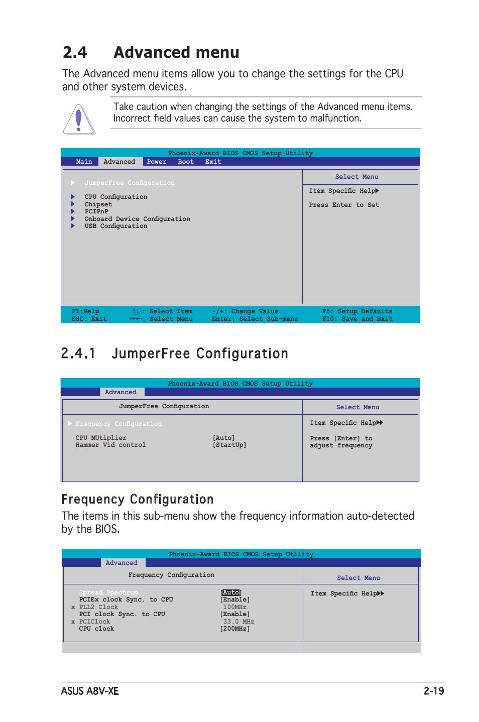 4 advanced menu, 1 jumperfree configuration, Frequency configuration | Asus a8v-xe 2-19 | Asus Motherboard A8V-XE User Manual | Page 61 / 86