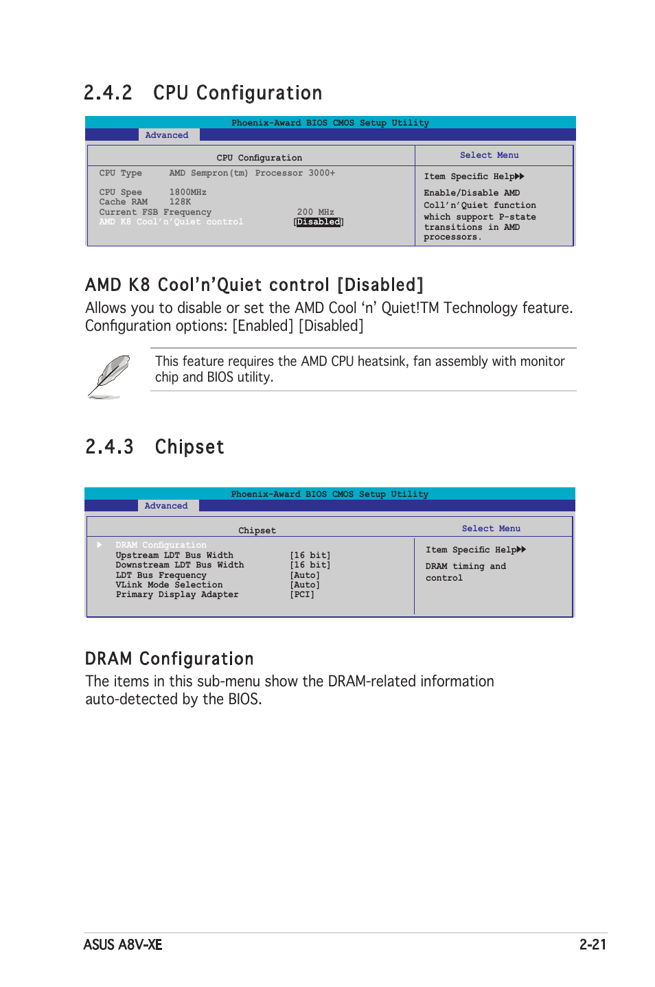 2 cpu configuration, 3 chipset, Amd k8 coolʼnʼquiet control [disabled | Dram configuration, Asus a8v-xe 2-21 | Asus Motherboard A8V-XE User Manual | Page 63 / 86