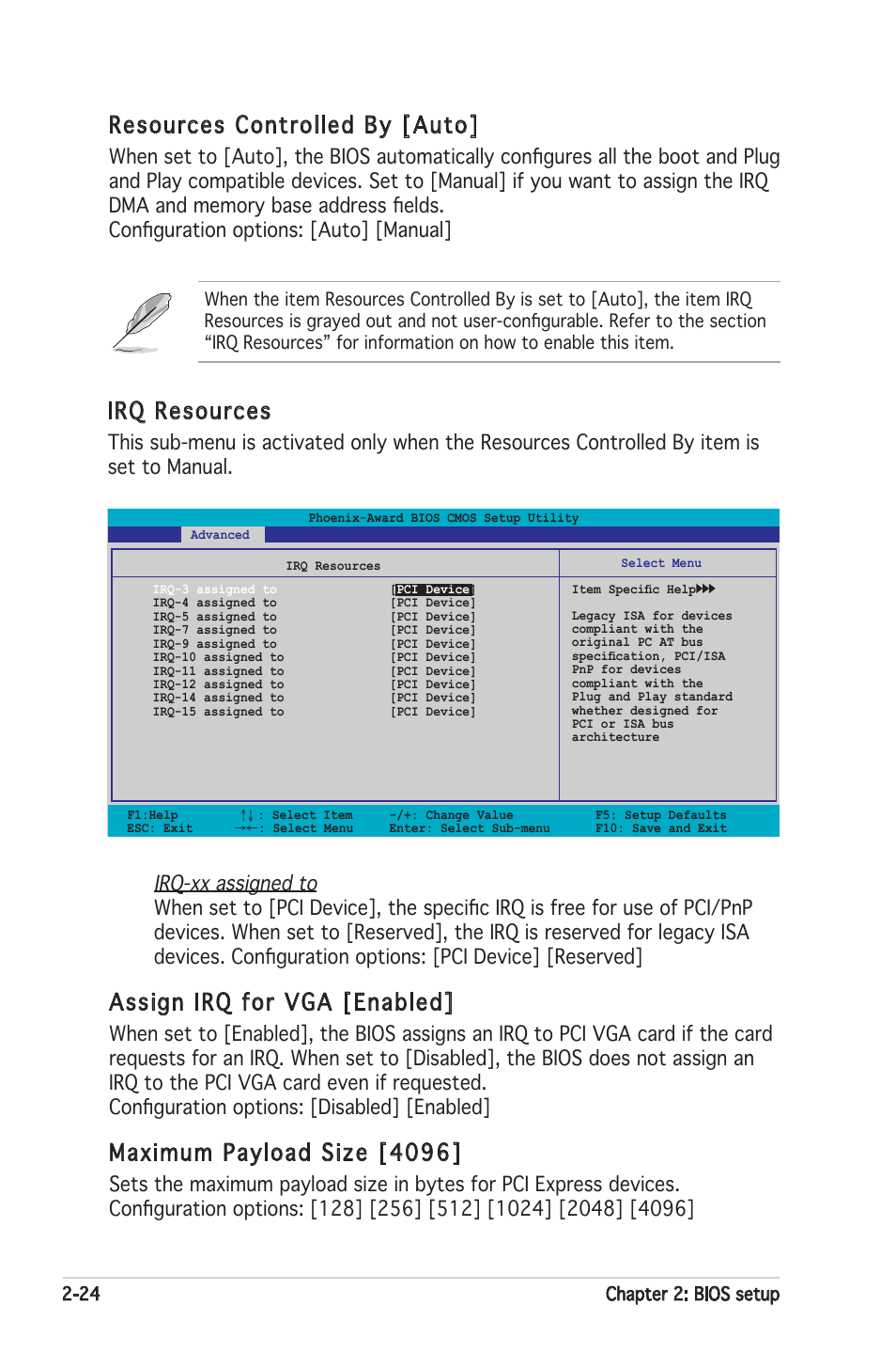 Irq resources, Assign irq for vga [enabled, Maximum payload size [4096 | Resources controlled by [auto | Asus Motherboard A8V-XE User Manual | Page 66 / 86