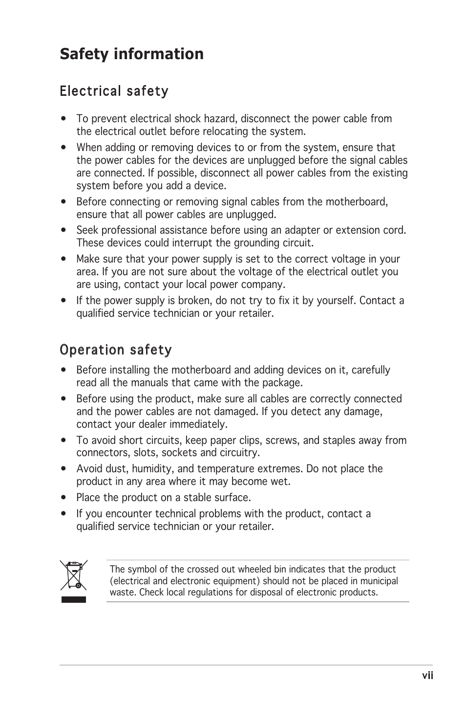 Safety information, Electrical safety, Operation safety | Asus Motherboard A8V-XE User Manual | Page 7 / 86