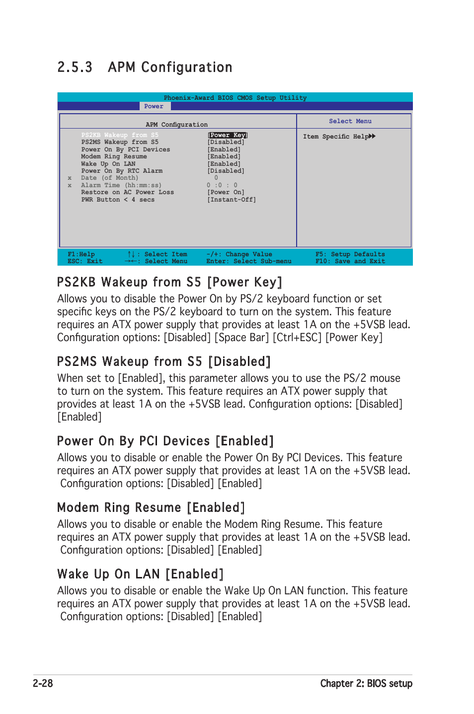 3 apm configuration, Ps2kb wakeup from s5 [power key, Ps2ms wakeup from s5 [disabled | Power on by pci devices [enabled, Modem ring resume [enabled, Wake up on lan [enabled | Asus Motherboard A8V-XE User Manual | Page 70 / 86