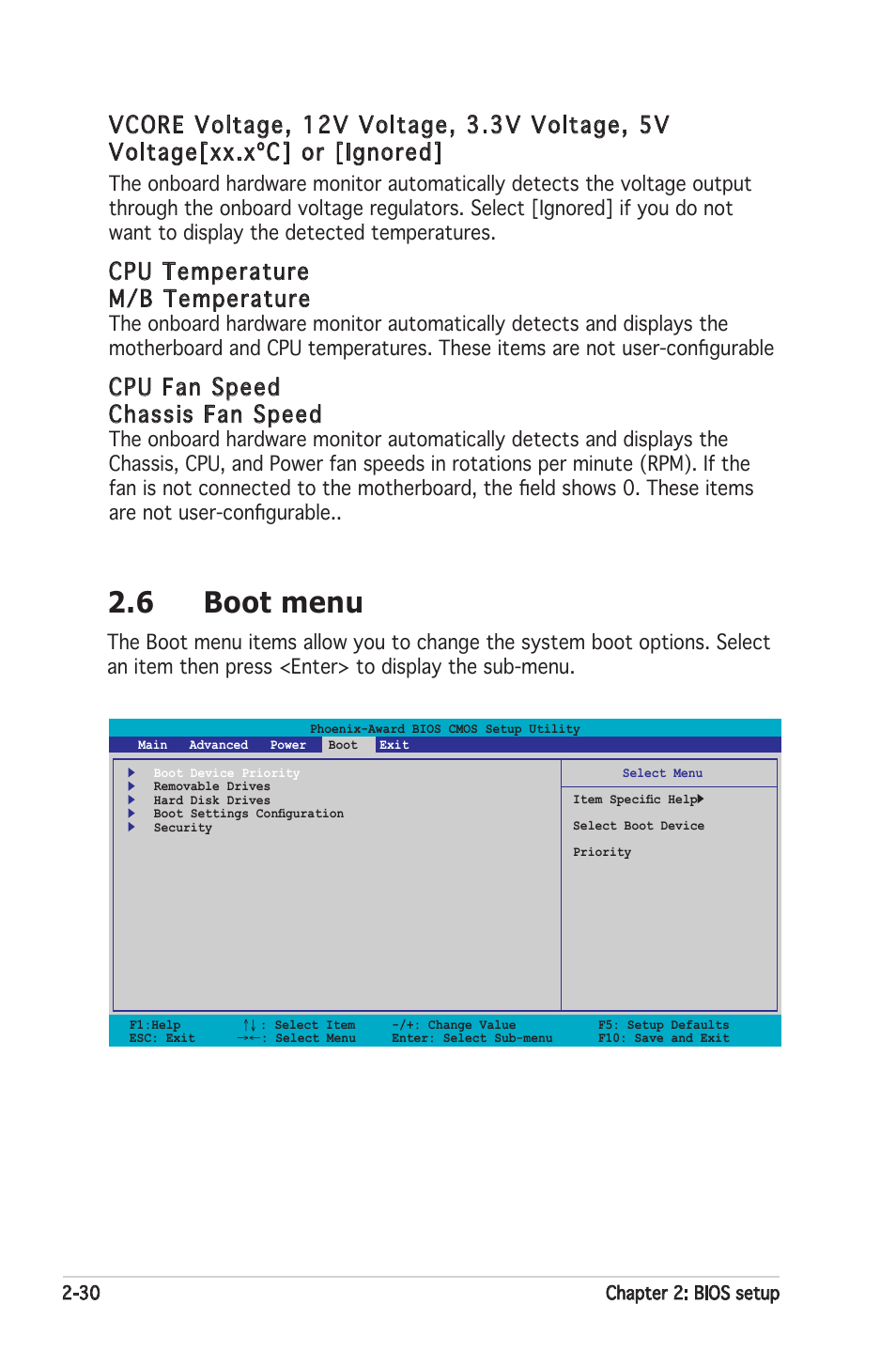 6 boot menu, Cpu temperature m/b temperature, Cpu fan speed chassis fan speed | Asus Motherboard A8V-XE User Manual | Page 72 / 86