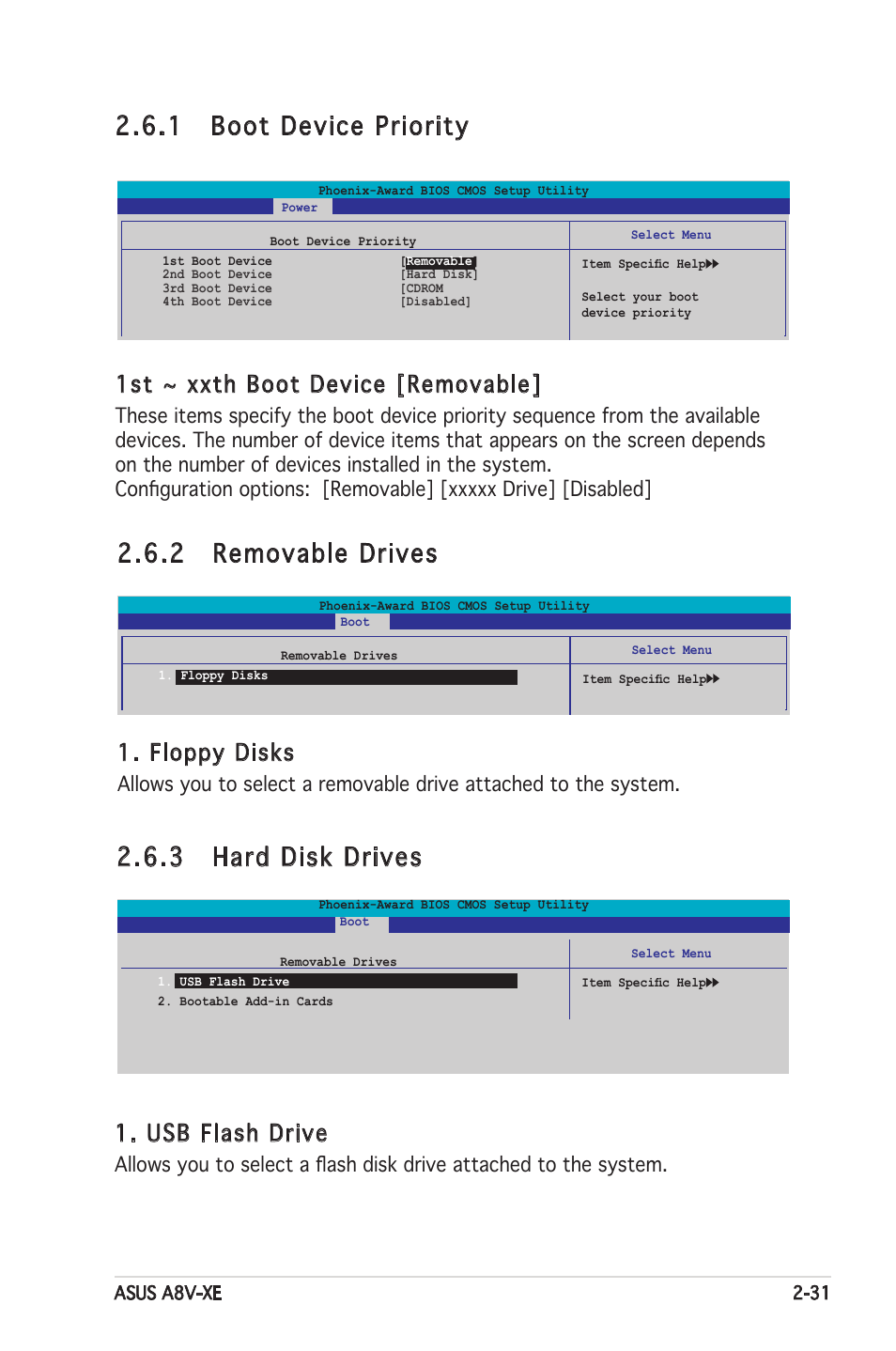 1 boot device priority, 2 removable drives, 3 hard disk drives | 1st ~ xxth boot device [removable, Floppy disks, Usb flash drive | Asus Motherboard A8V-XE User Manual | Page 73 / 86