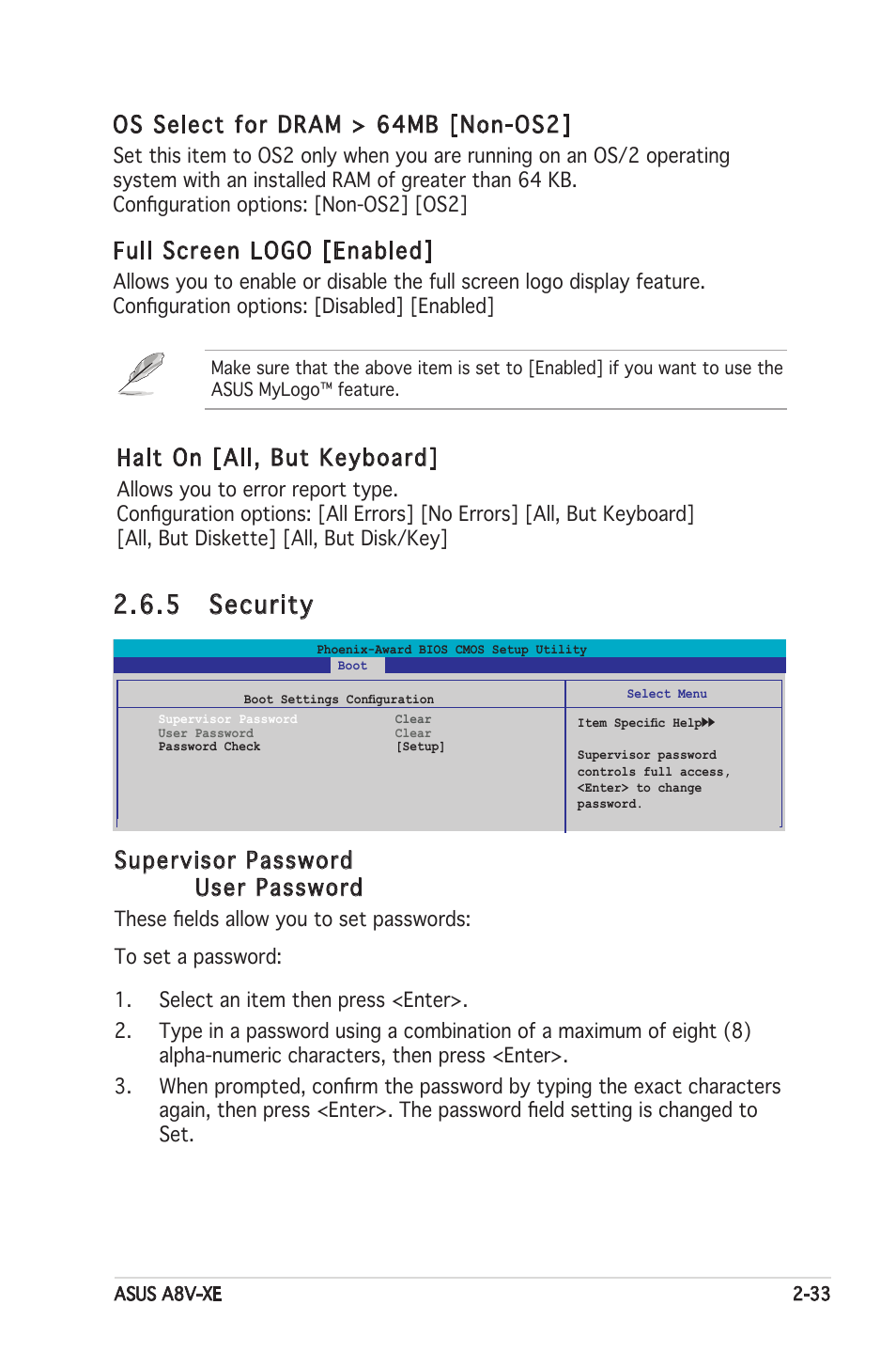 5 security, Os select for dram > 64mb [non-os2, Full screen logo [enabled | Halt on [all, but keyboard, Supervisor password user password | Asus Motherboard A8V-XE User Manual | Page 75 / 86