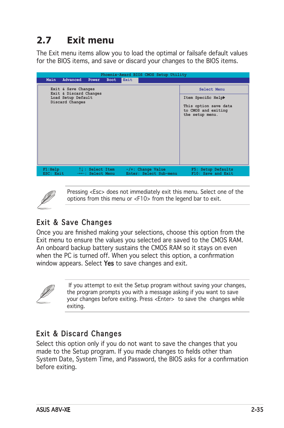 7 exit menu, Exit & save changes, Exit & discard changes | Asus Motherboard A8V-XE User Manual | Page 77 / 86