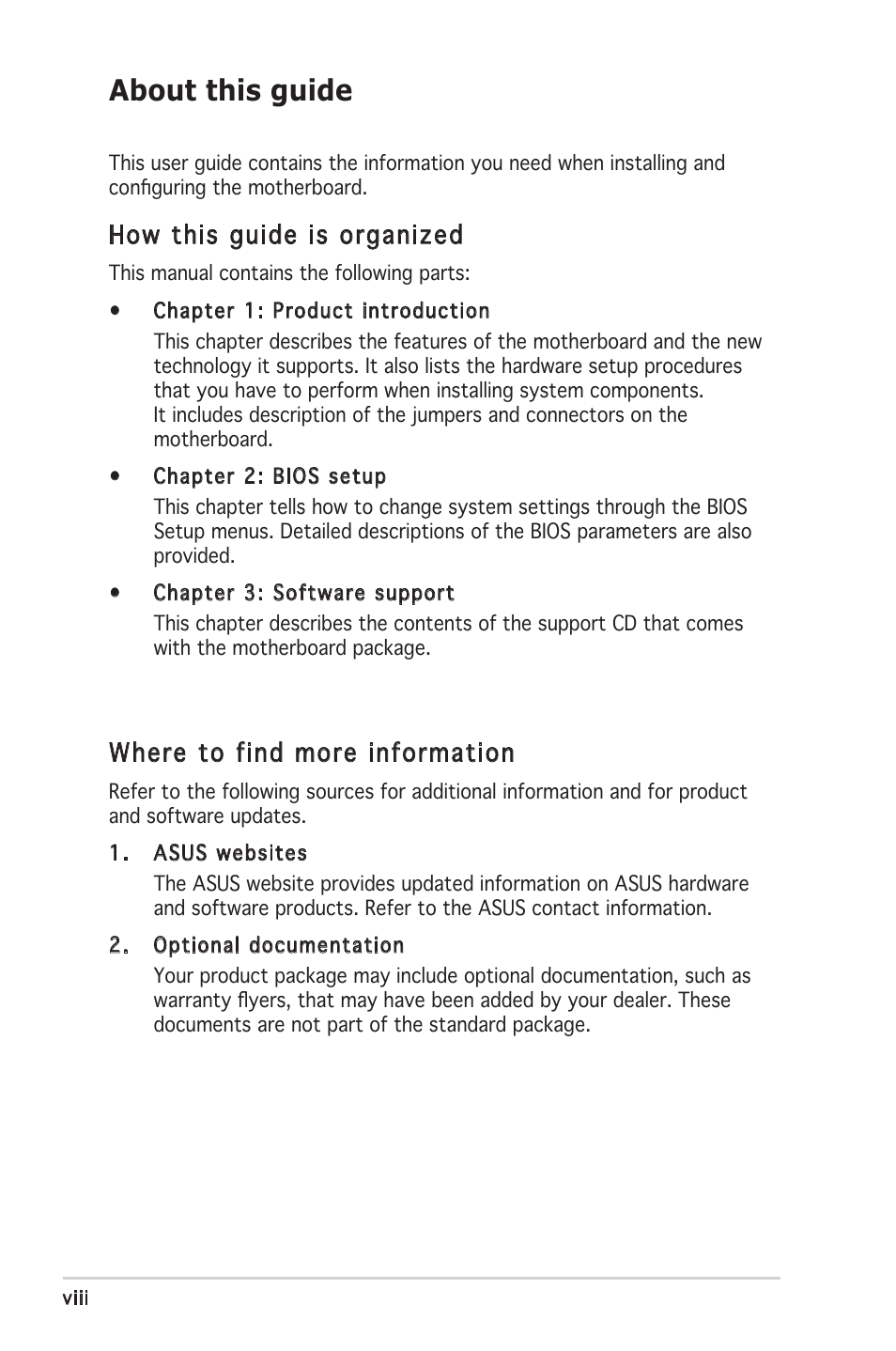 About this guide, How this guide is organized, Where to find more information | Asus Motherboard A8V-XE User Manual | Page 8 / 86