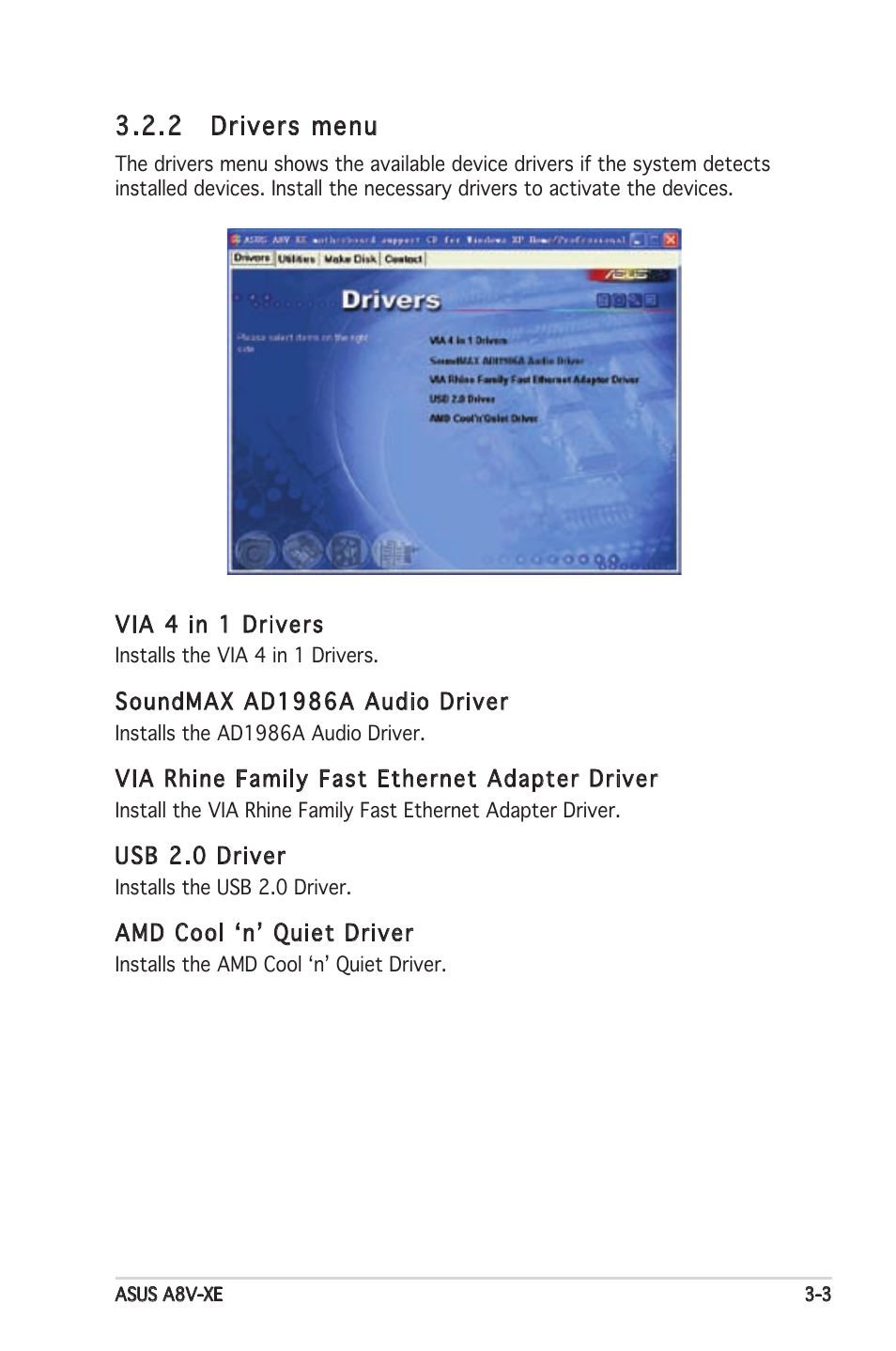 2 drivers menu | Asus Motherboard A8V-XE User Manual | Page 81 / 86