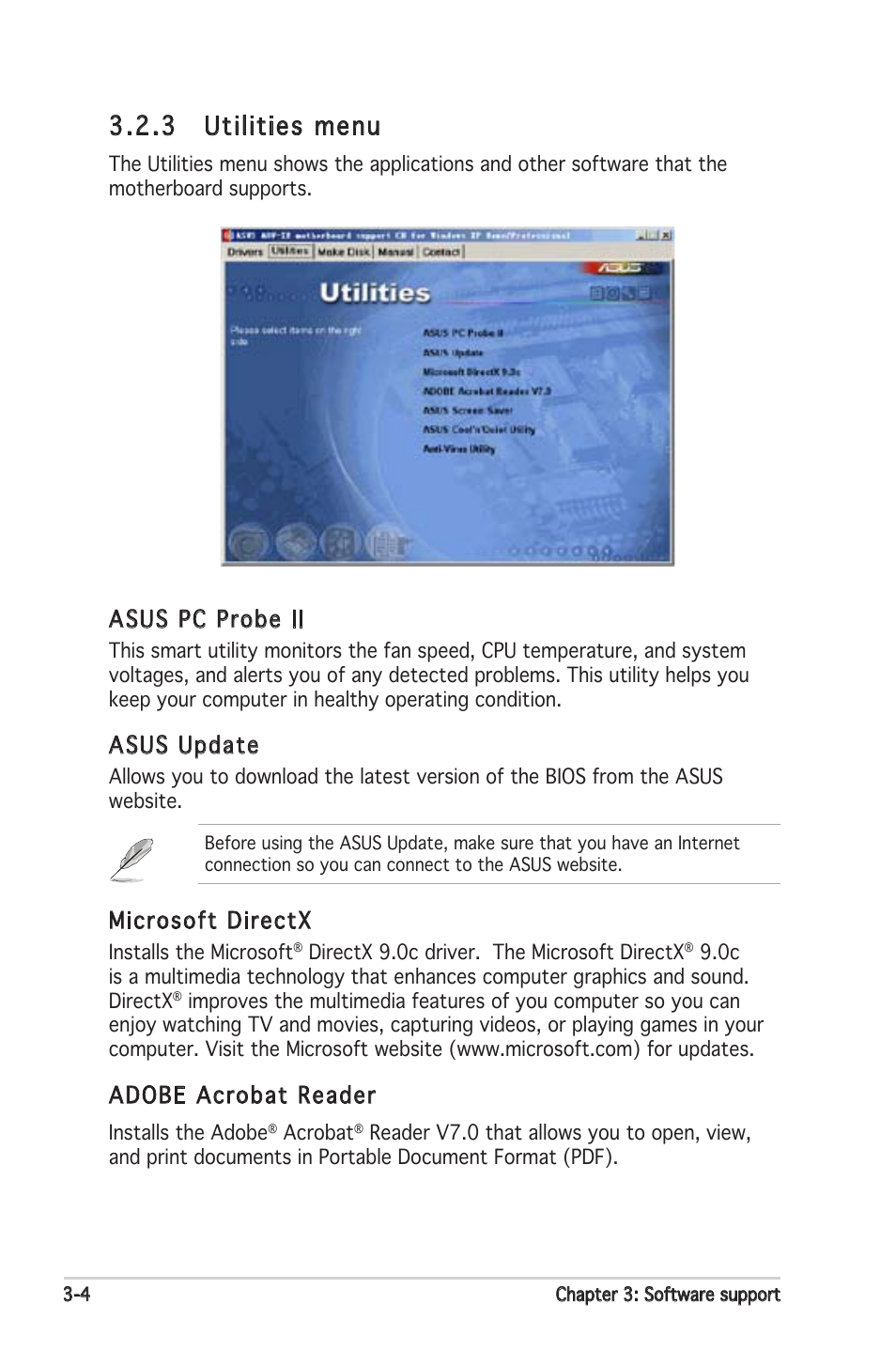 3 utilities menu, Asus pc probe ii, Asus update | Microsoft directx, Adobe acrobat reader | Asus Motherboard A8V-XE User Manual | Page 82 / 86