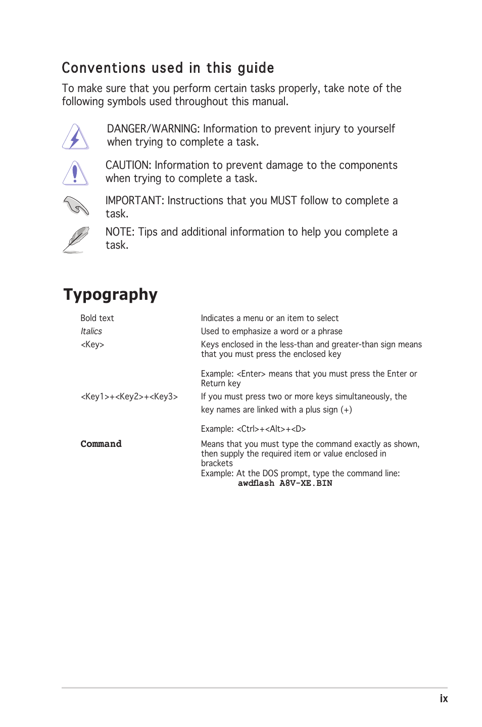 Typography, Conventions used in this guide | Asus Motherboard A8V-XE User Manual | Page 9 / 86