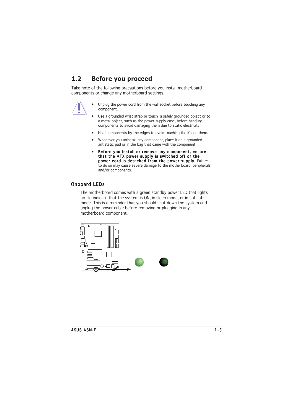 2 before you proceed, Onboard leds | Asus A8N-E User Manual | Page 17 / 76