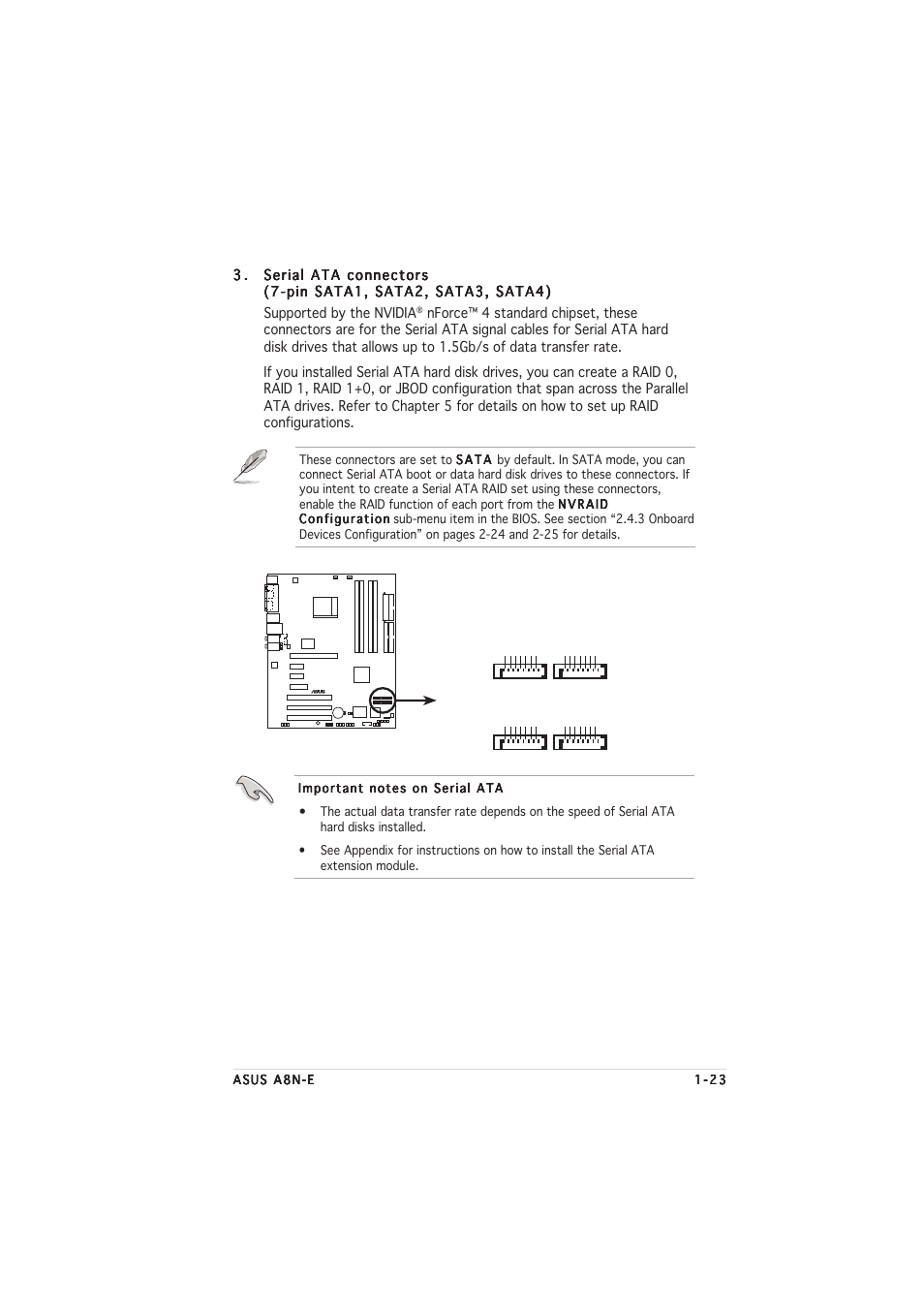 A8n-e sata connectors sata1 sata2, Sata3 sata4 | Asus A8N-E User Manual | Page 35 / 76