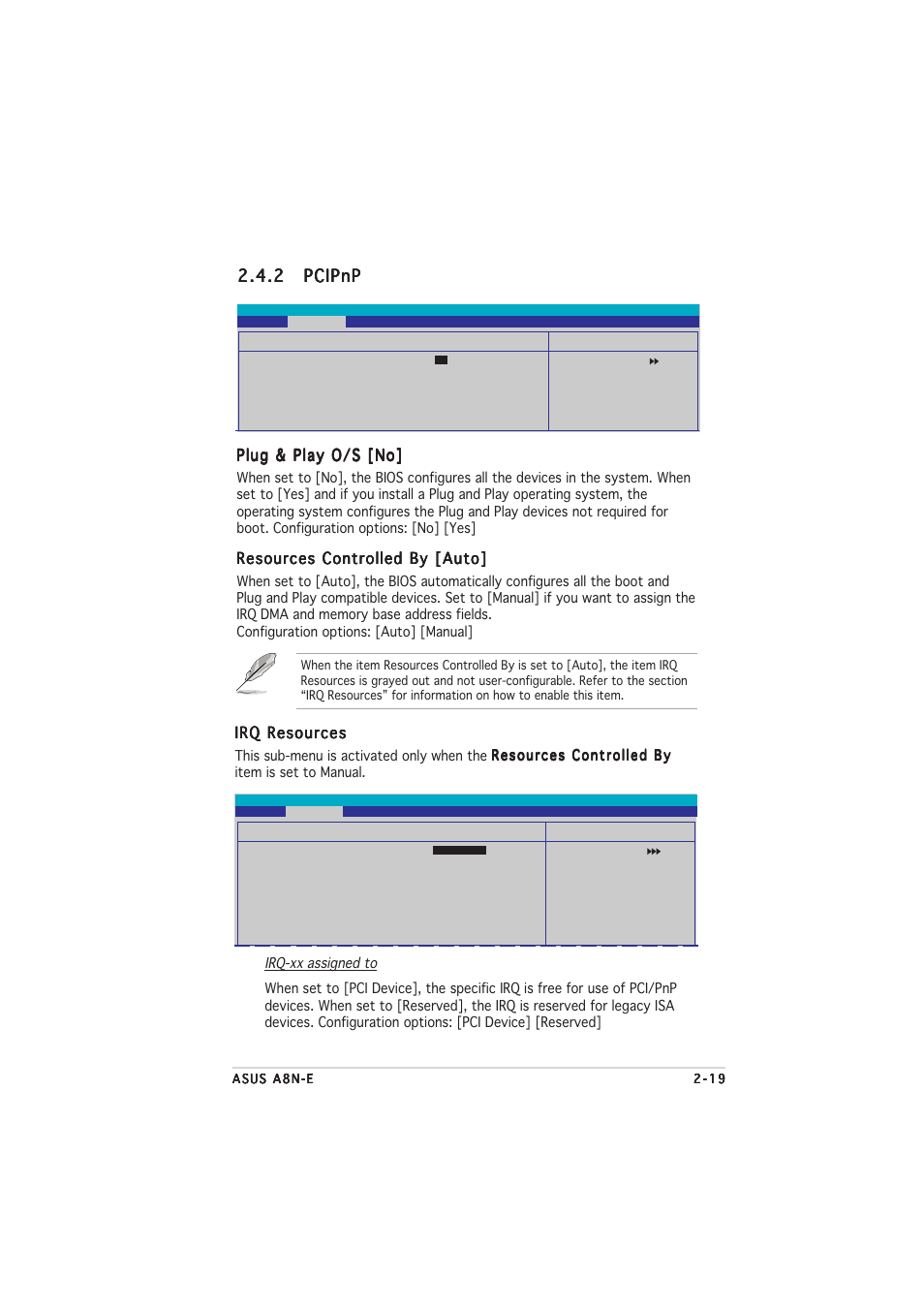 2 pcipnp pcipnp pcipnp pcipnp pcipnp, Plug & play o/s [no, Resources controlled by [auto | Irq resources | Asus A8N-E User Manual | Page 61 / 76