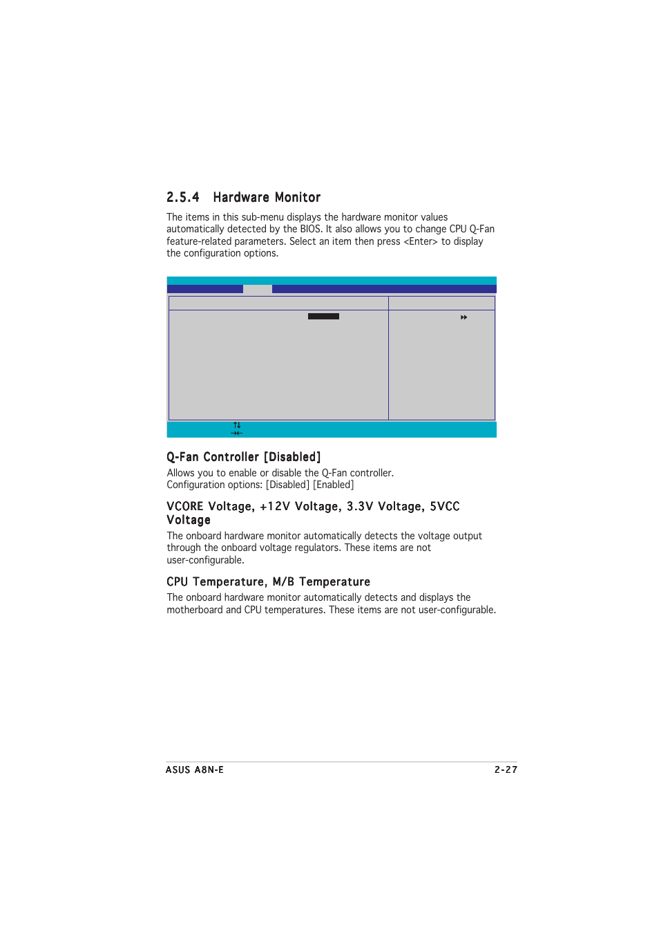 Q-fan controller [disabled, Cpu temperature, m/b temperature | Asus A8N-E User Manual | Page 69 / 76