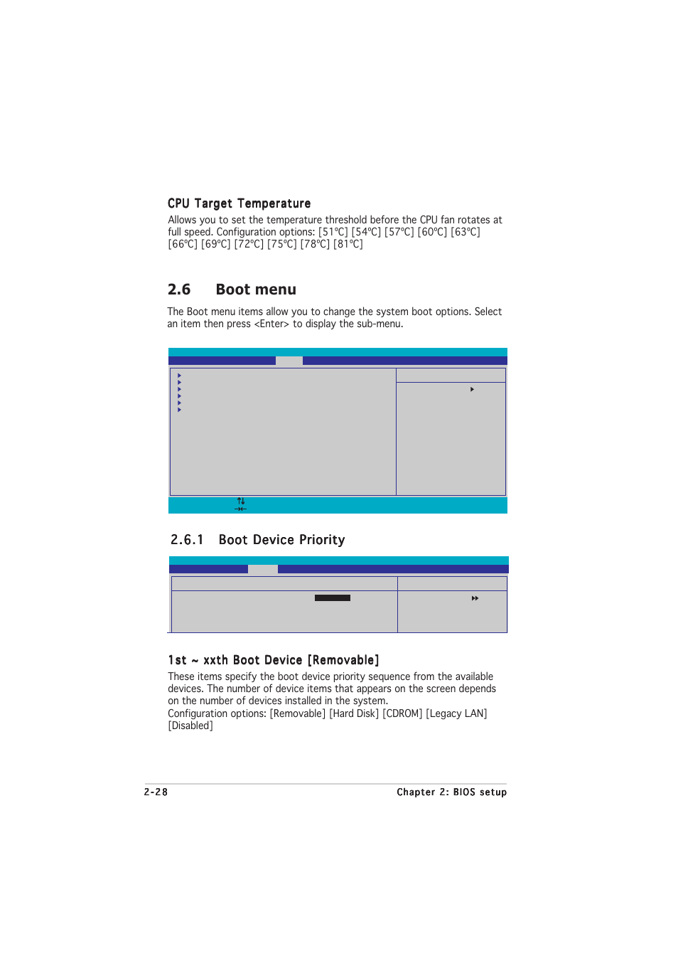 6 boot menu, 1st ~ xxth boot device [removable, Cpu target temperature | Asus A8N-E User Manual | Page 70 / 76