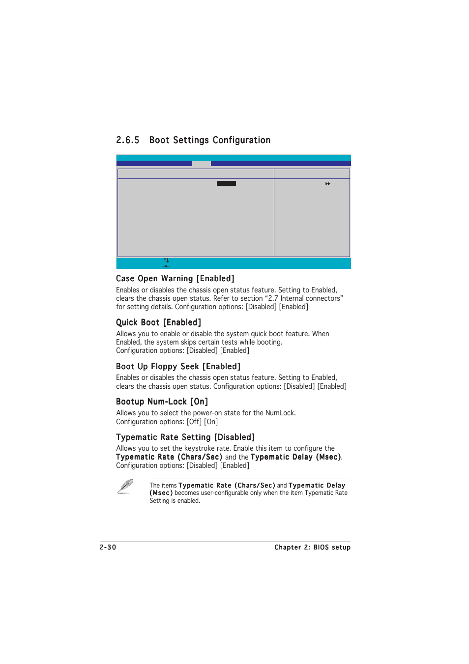 Case open warning [enabled, Quick boot [enabled, Boot up floppy seek [enabled | Bootup num-lock [on, Typematic rate setting [disabled | Asus A8N-E User Manual | Page 72 / 76