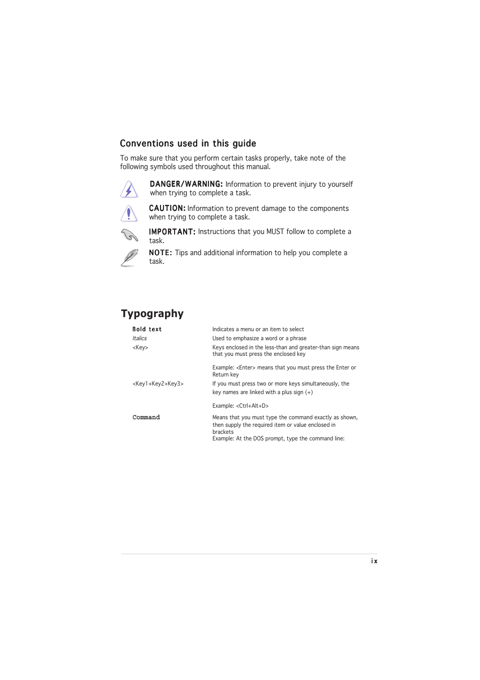 Typography, Conventions used in this guide | Asus A8N-E User Manual | Page 9 / 76