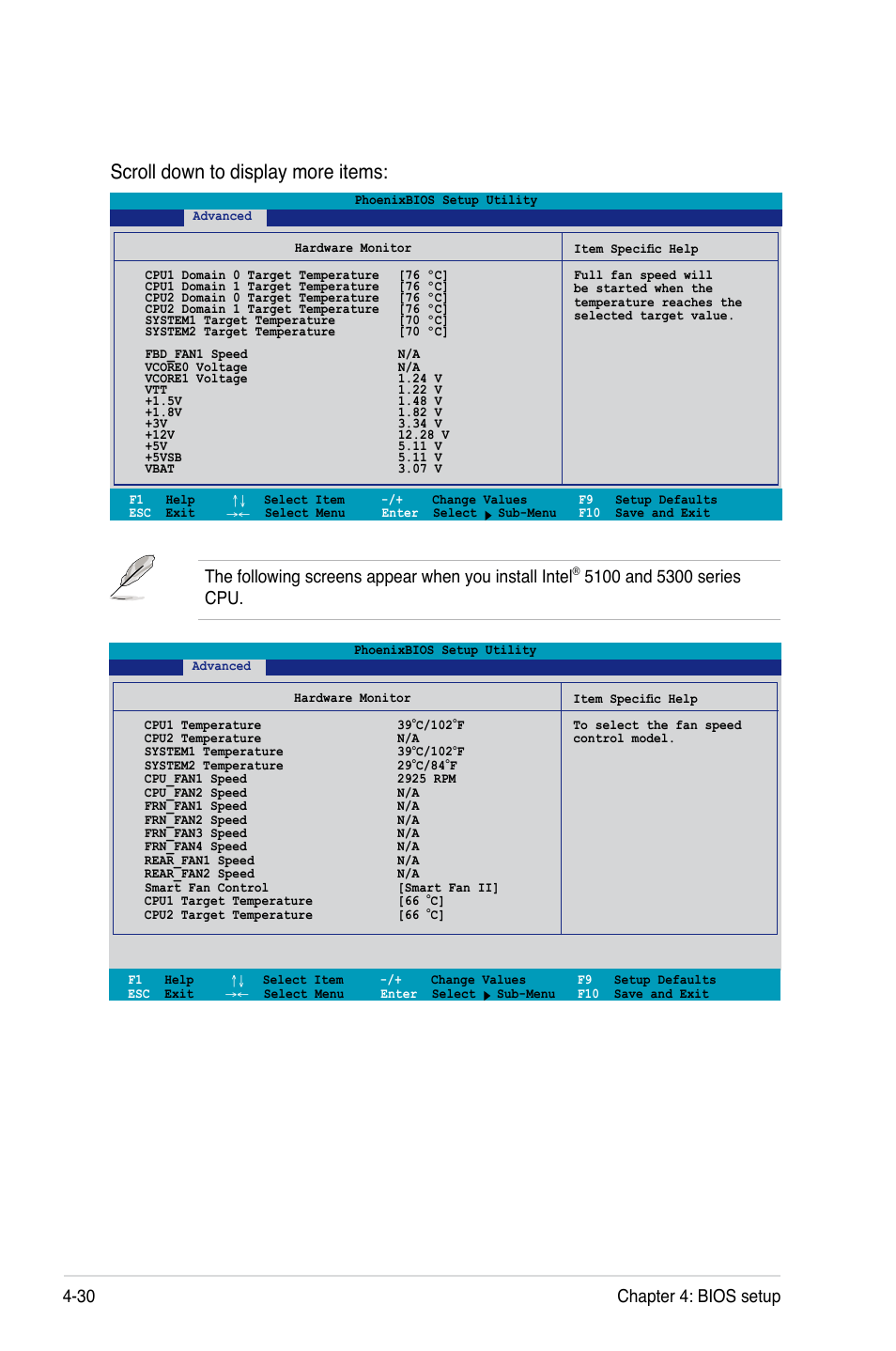 Scroll down to display more items, 30 chapter 4: bios setup | Asus DSBV-DX/C User Manual | Page 102 / 206