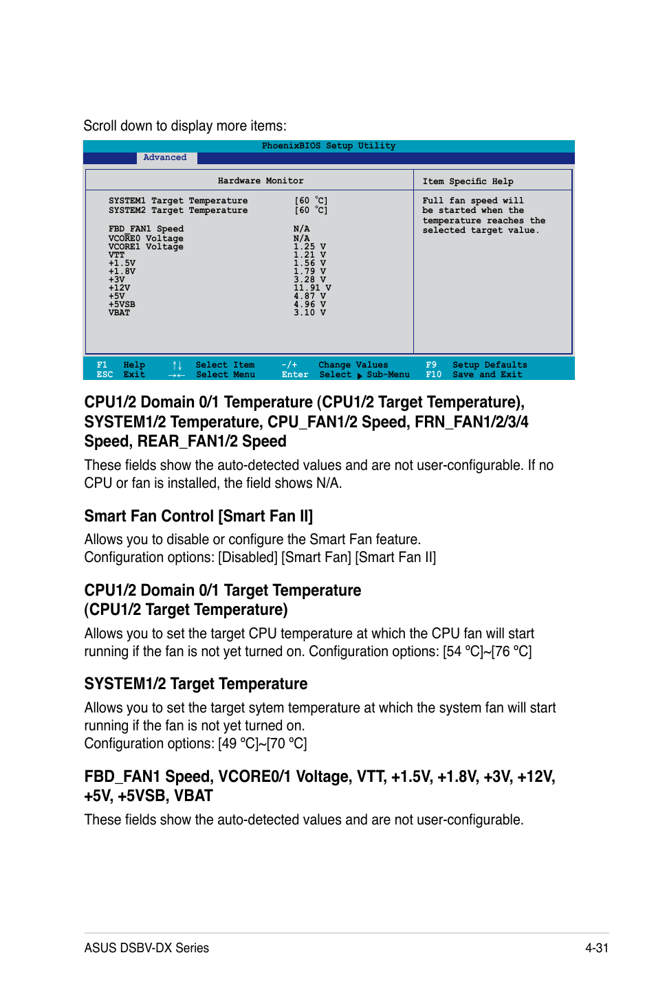 Smart fan control [smart fan ii, System1/2 target temperature, Scroll down to display more items | Asus DSBV-DX/C User Manual | Page 103 / 206