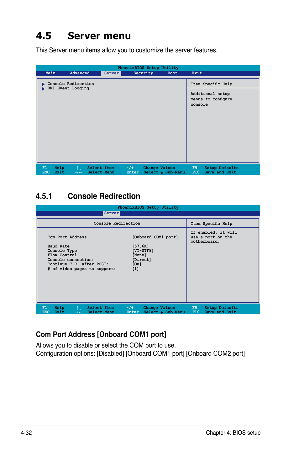 5 server menu, 1 console redirection, Com port address [onboard com1 port | 32 chapter 4: bios setup | Asus DSBV-DX/C User Manual | Page 104 / 206