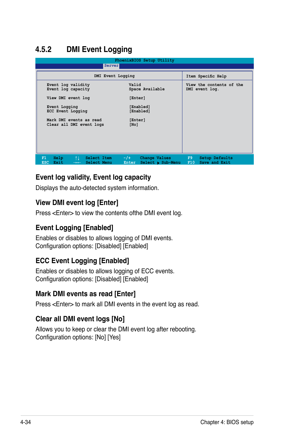 2 dmi event logging, Event log validity, event log capacity, View dmi event log [enter | Event logging [enabled, Ecc event logging [enabled, Mark dmi events as read [enter, Clear all dmi event logs [no, Displays the auto-detected system information | Asus DSBV-DX/C User Manual | Page 106 / 206