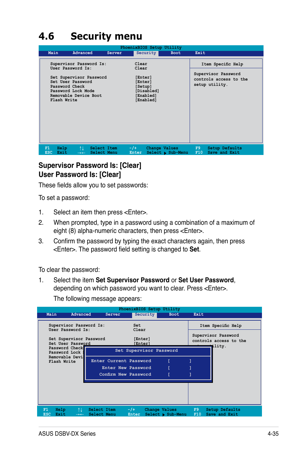 6 security menu, Asus dsbv-dx series 4-35 | Asus DSBV-DX/C User Manual | Page 107 / 206