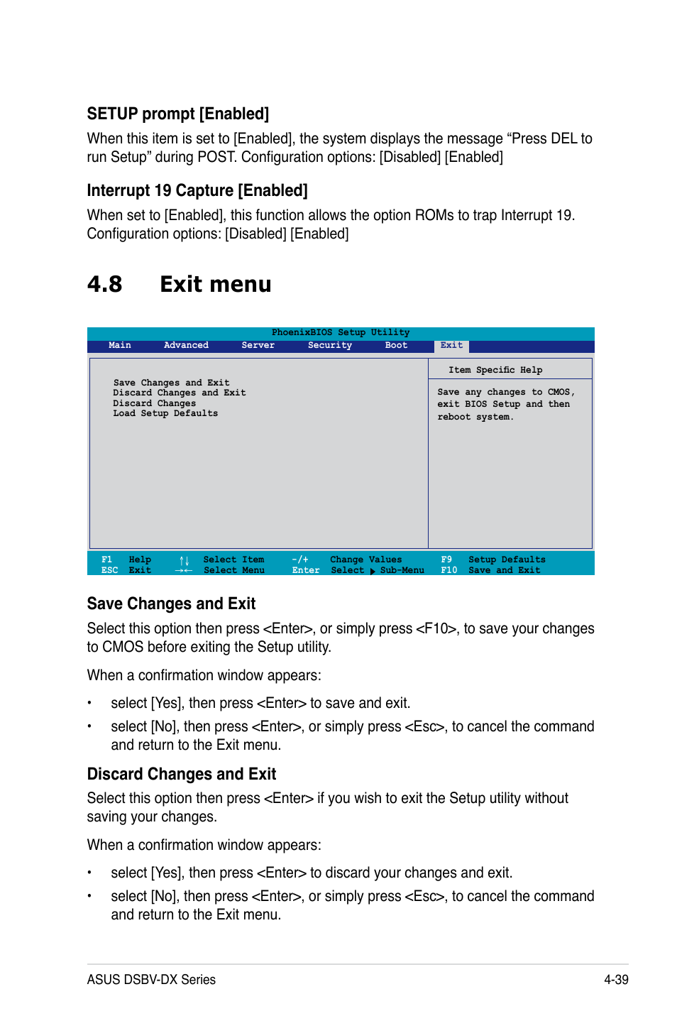 8 exit menu, Setup prompt [enabled, Interrupt 19 capture [enabled | Save changes and exit, Discard changes and exit | Asus DSBV-DX/C User Manual | Page 111 / 206