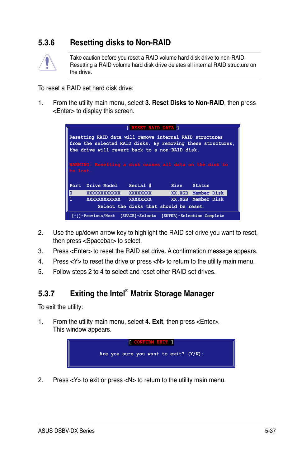 7 exiting the intel, Matrix storage manager, 6 resetting disks to non-raid | Asus DSBV-DX/C User Manual | Page 151 / 206