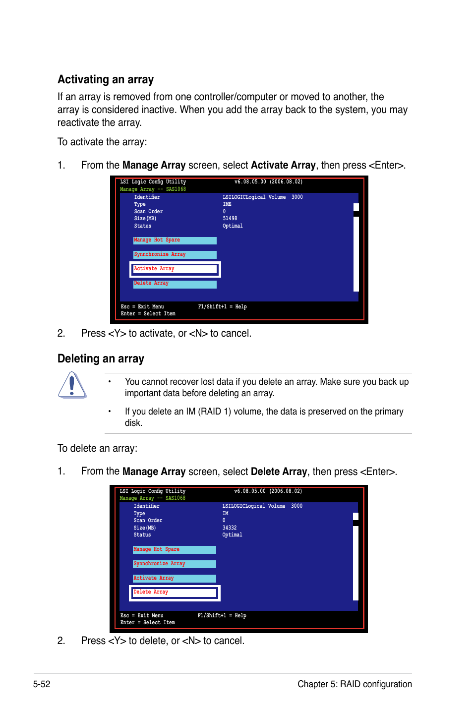 Activating an array, Deleting an array, 52 chapter 5: raid configuration | Asus DSBV-DX/C User Manual | Page 166 / 206