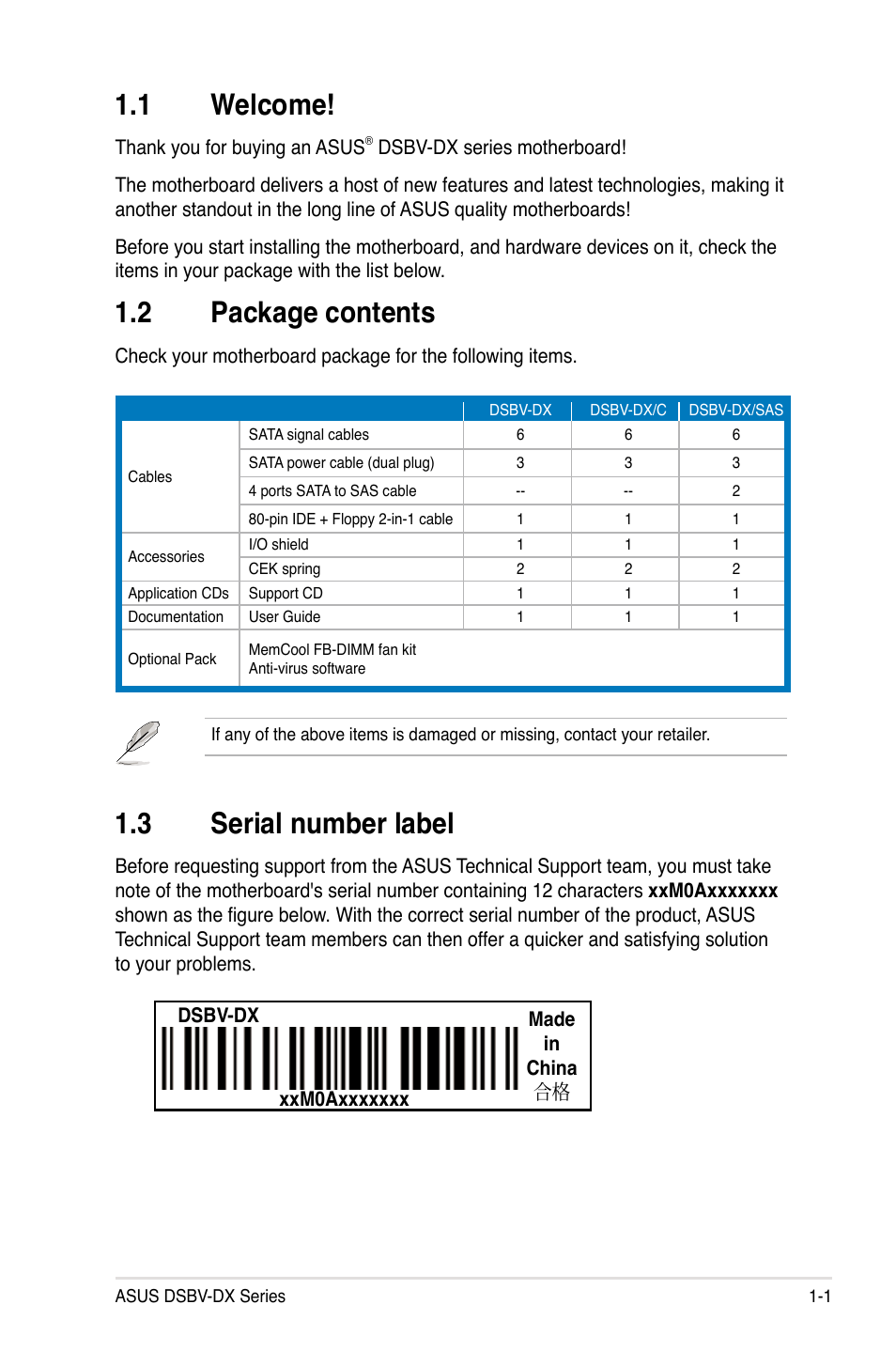 1 welcome, 2 package contents, 3 serial number label | Asus DSBV-DX/C User Manual | Page 17 / 206