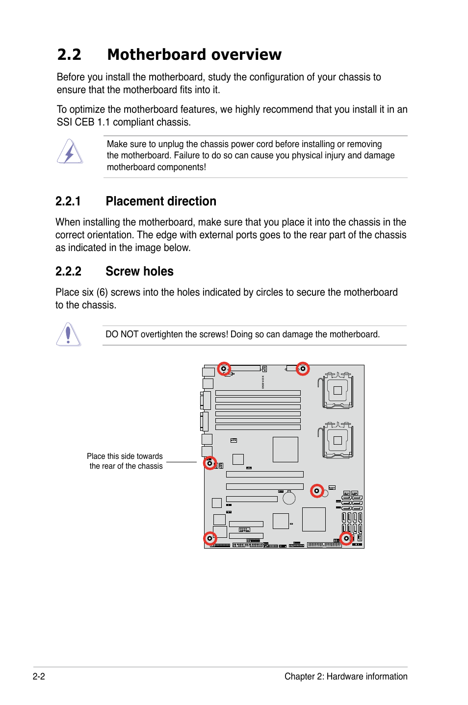 2 motherboard overview, 1 placement direction, 2 screw holes | Asus DSBV-DX/C User Manual | Page 24 / 206