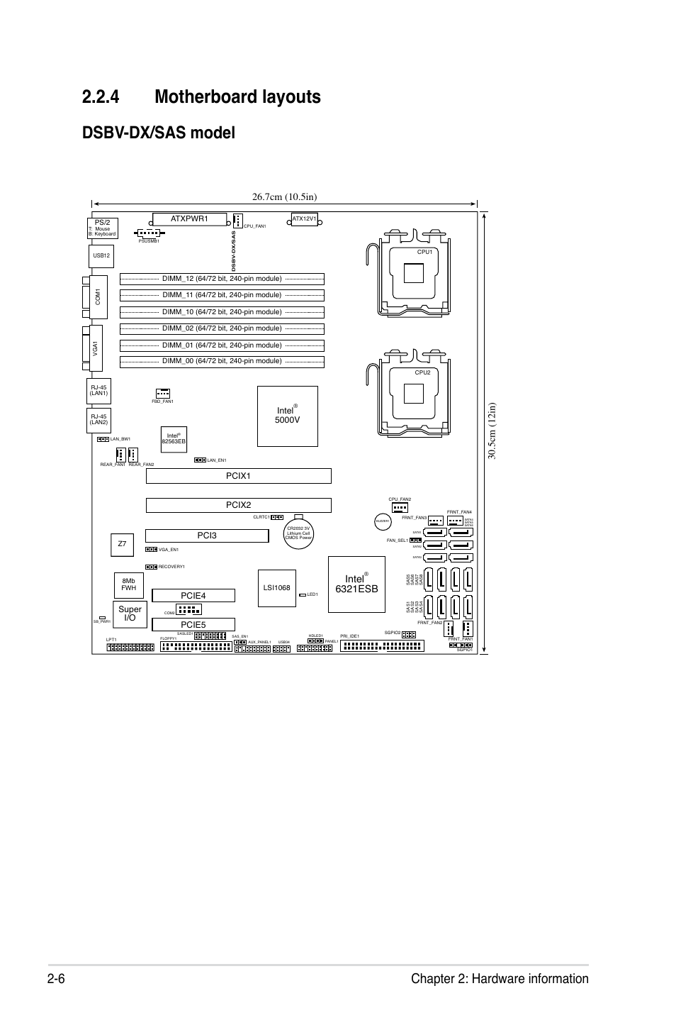 4 motherboard layouts, Dsbv-dx/sas model, 6 chapter 2: hardware information | Intel, 6321esb, Super i/o, Pcix1 pci3, Pcix2 pcie5 | Asus DSBV-DX/C User Manual | Page 28 / 206