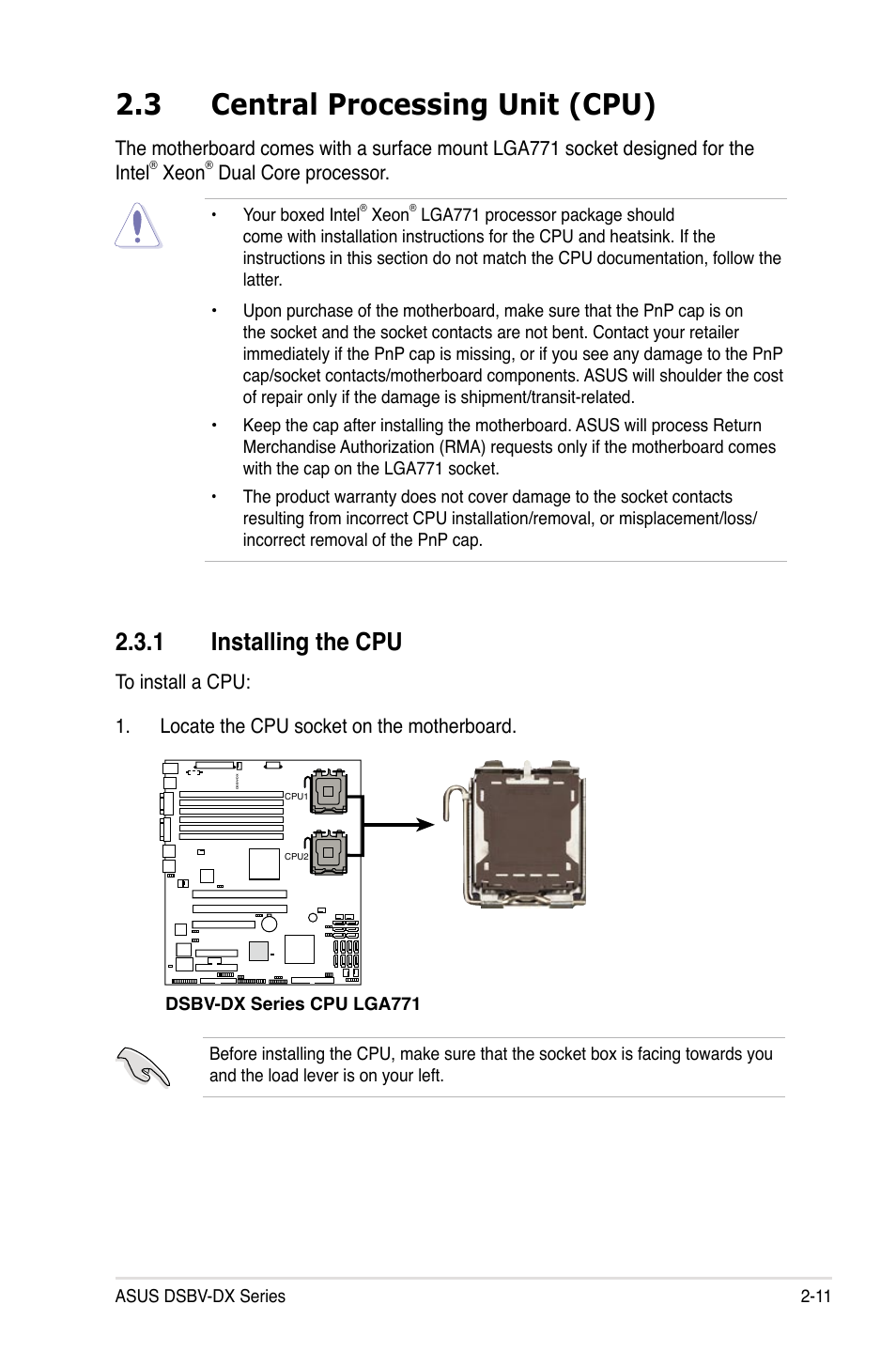 3 central processing unit (cpu), 1 installing the cpu | Asus DSBV-DX/C User Manual | Page 33 / 206