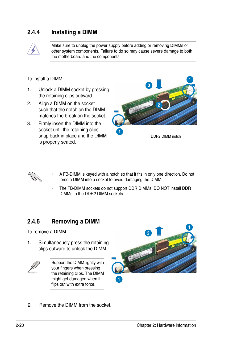 4 installing a dimm, 5 removing a dimm | Asus DSBV-DX/C User Manual | Page 42 / 206