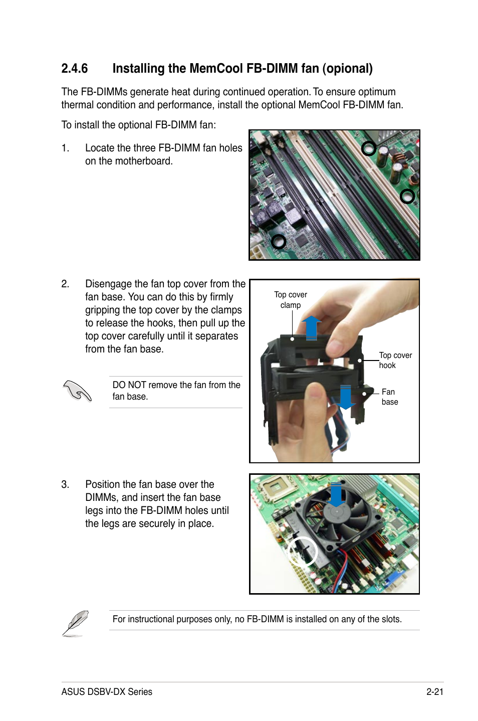 6 installing the memcool fb-dimm fan (opional) | Asus DSBV-DX/C User Manual | Page 43 / 206