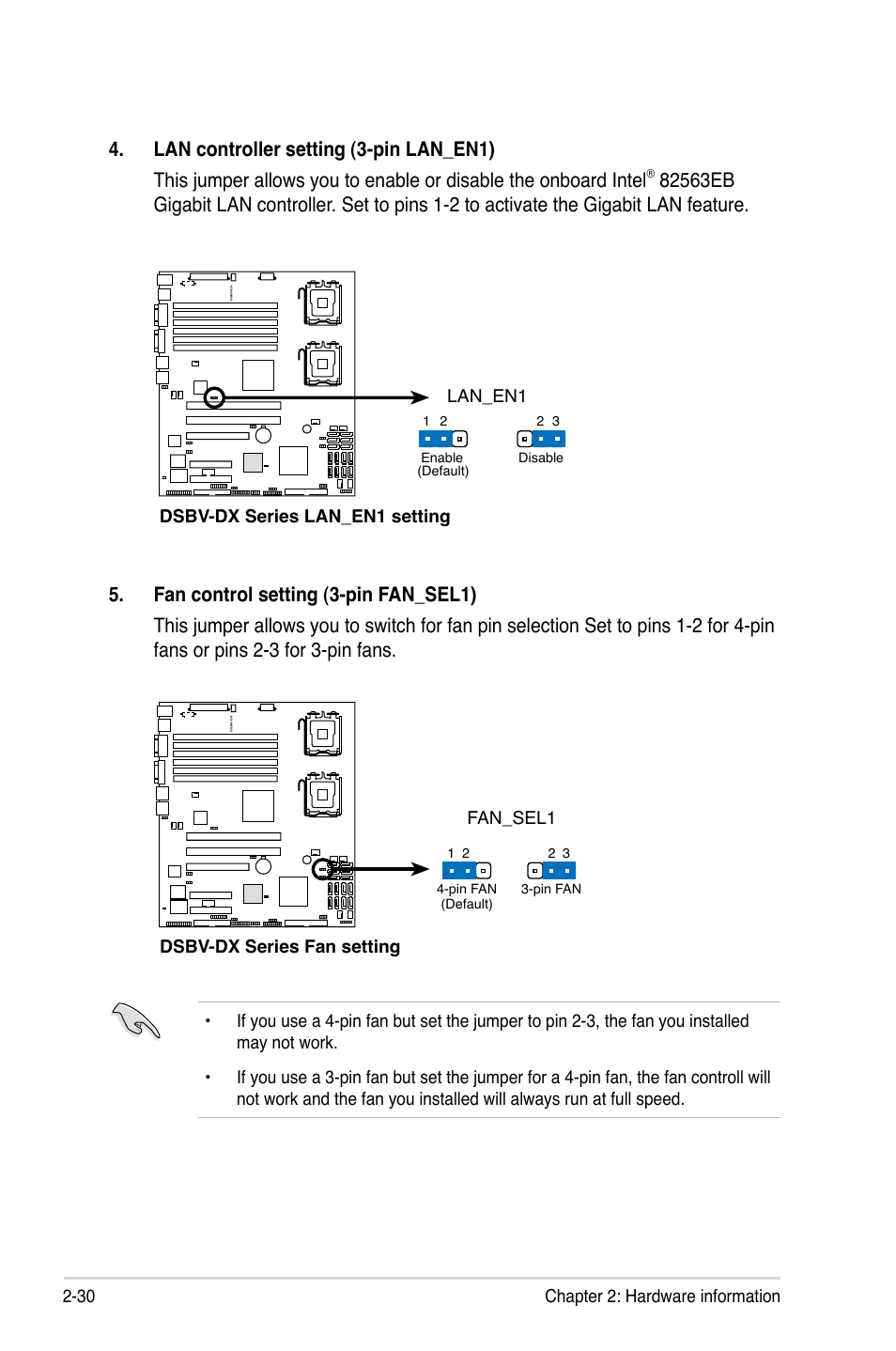 30 chapter 2: hardware information, Dsbv-dx series lan_en1 setting lan_en1, Dsbv-dx series fan setting fan_sel1 | Asus DSBV-DX/C User Manual | Page 52 / 206