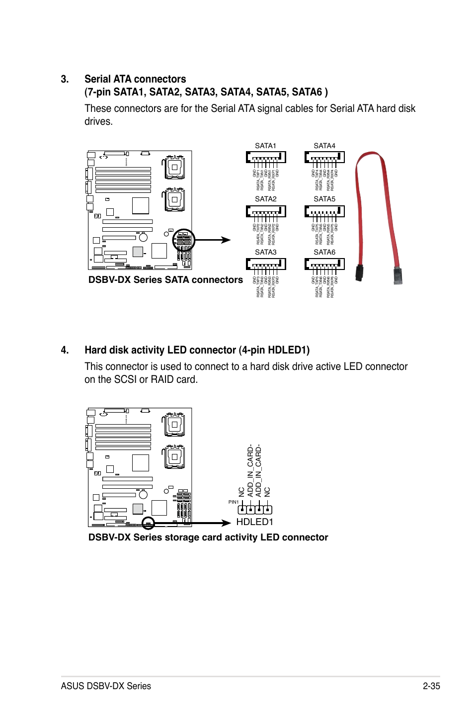 Asus dsbv-dx series 2-35, Dsbv-dx series sata connectors, Sata2 sata1 | Sata4 sata3 sata6 sata5, Add_in_card- nc nc add_in_card | Asus DSBV-DX/C User Manual | Page 57 / 206