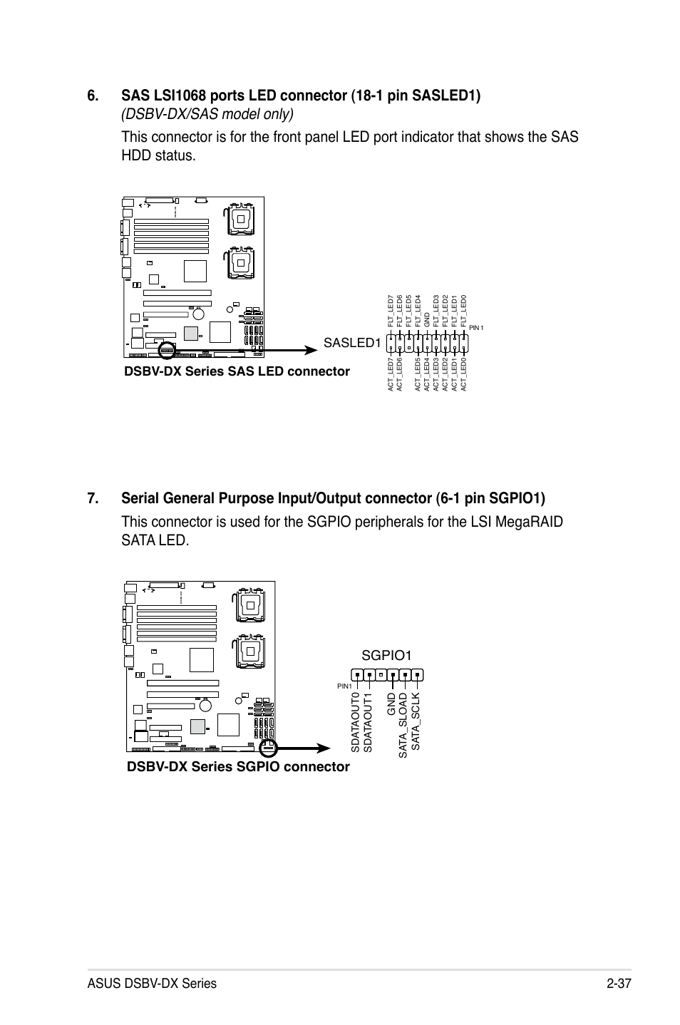 Asus dsbv-dx series 2-37, Dsbv-dx series sgpio connector sgpio1, Dsbv-dx series sas led connector sasled1 | Asus DSBV-DX/C User Manual | Page 59 / 206