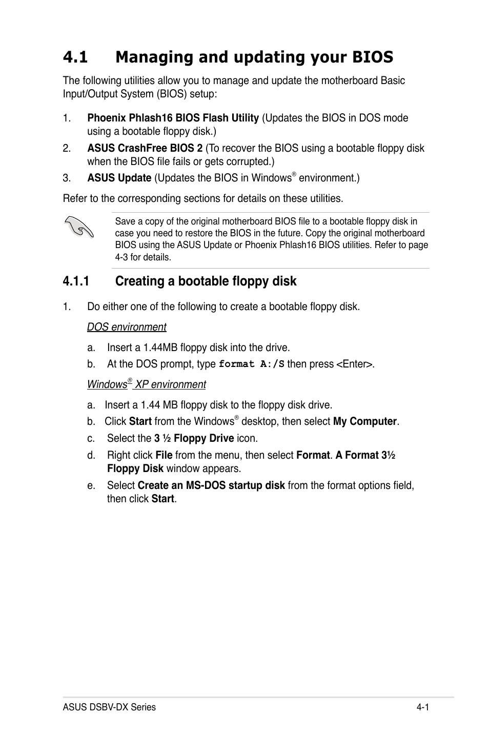 1 managing and updating your bios, 1 creating a bootable floppy disk | Asus DSBV-DX/C User Manual | Page 73 / 206