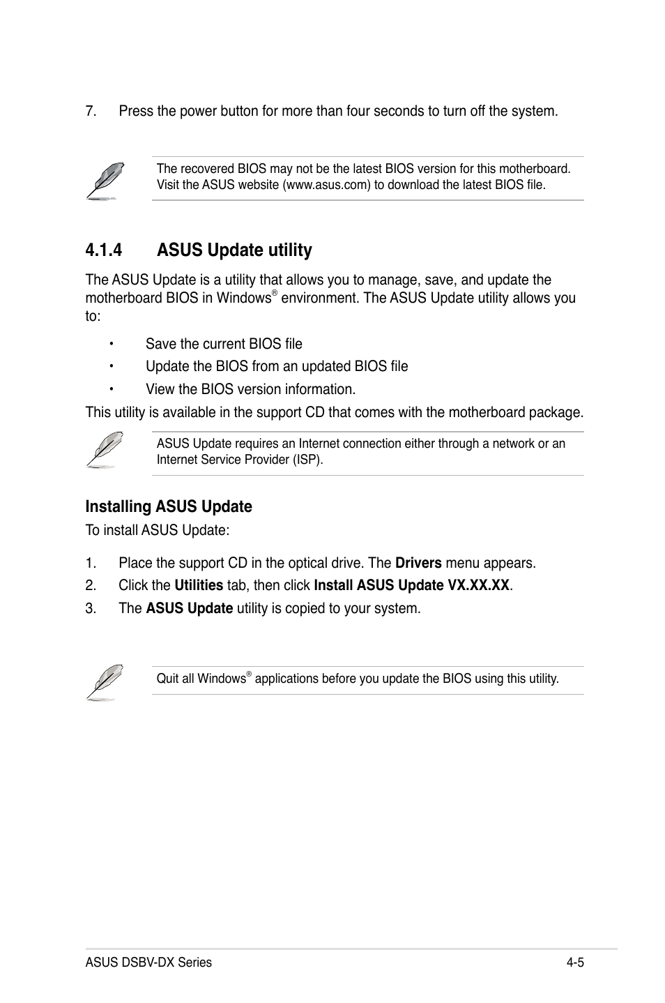 4 asus update utility, Installing asus update | Asus DSBV-DX/C User Manual | Page 77 / 206