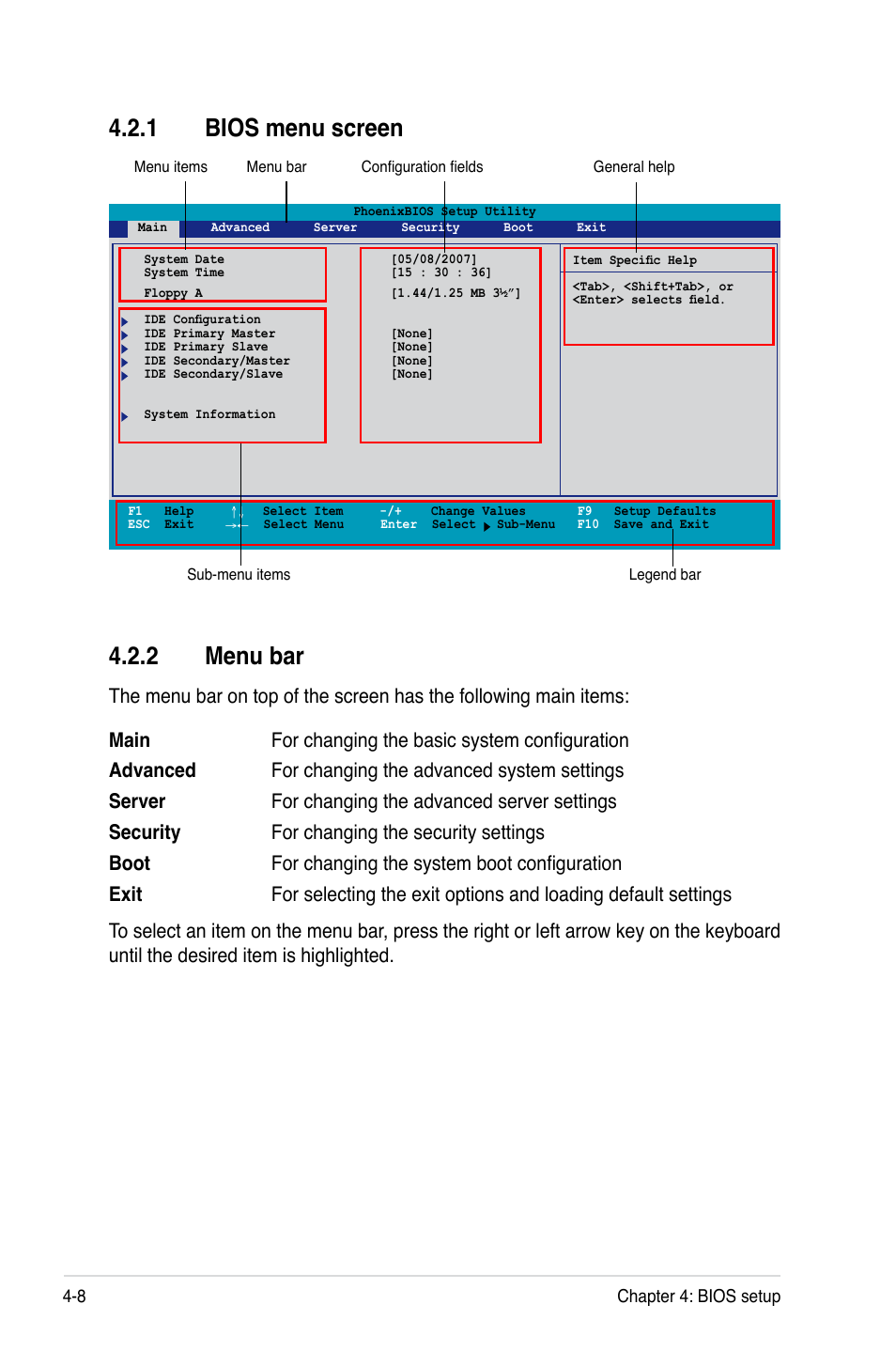 2 menu bar, 1 bios menu screen | Asus DSBV-DX/C User Manual | Page 80 / 206