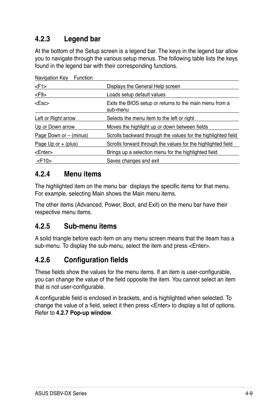 4 menu items, 5 sub-menu items, 6 configuration fields | 3 legend bar | Asus DSBV-DX/C User Manual | Page 81 / 206