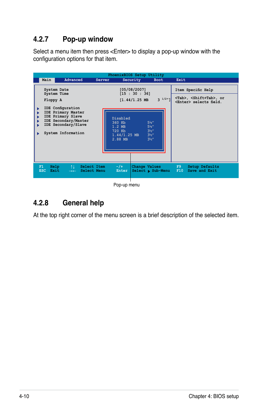 7 pop-up window, 8 general help, 10 chapter 4: bios setup | Asus DSBV-DX/C User Manual | Page 82 / 206