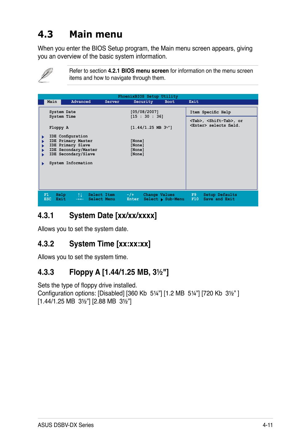 3 main menu, 2 system time [xx:xx:xx, Allows you to set the system date | Allows you to set the system time | Asus DSBV-DX/C User Manual | Page 83 / 206