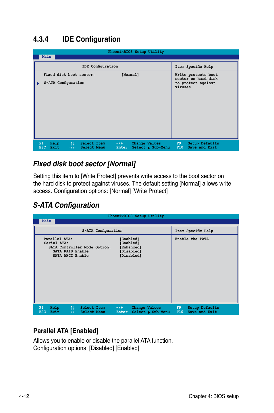 4 ide configuration, Fixed disk boot sector [normal, S-ata configuration | Parallel ata [enabled, 12 chapter 4: bios setup | Asus DSBV-DX/C User Manual | Page 84 / 206