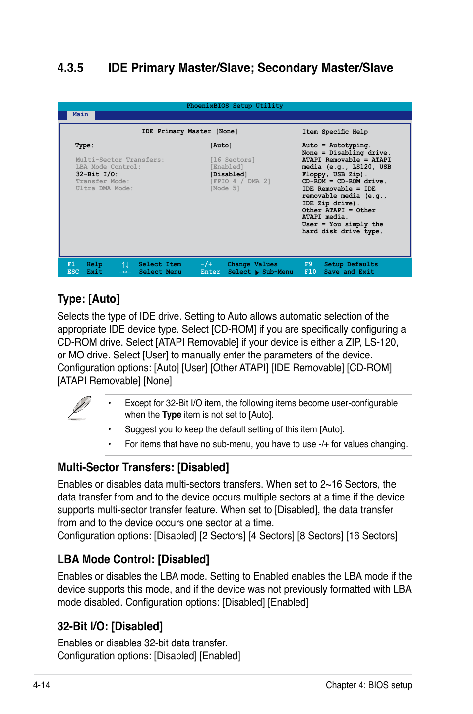 5 ide primary master/slave; secondary master/slave, Type: [auto, Multi-sector transfers: [disabled | Lba mode control: [disabled, Bit i/o: [disabled | Asus DSBV-DX/C User Manual | Page 86 / 206