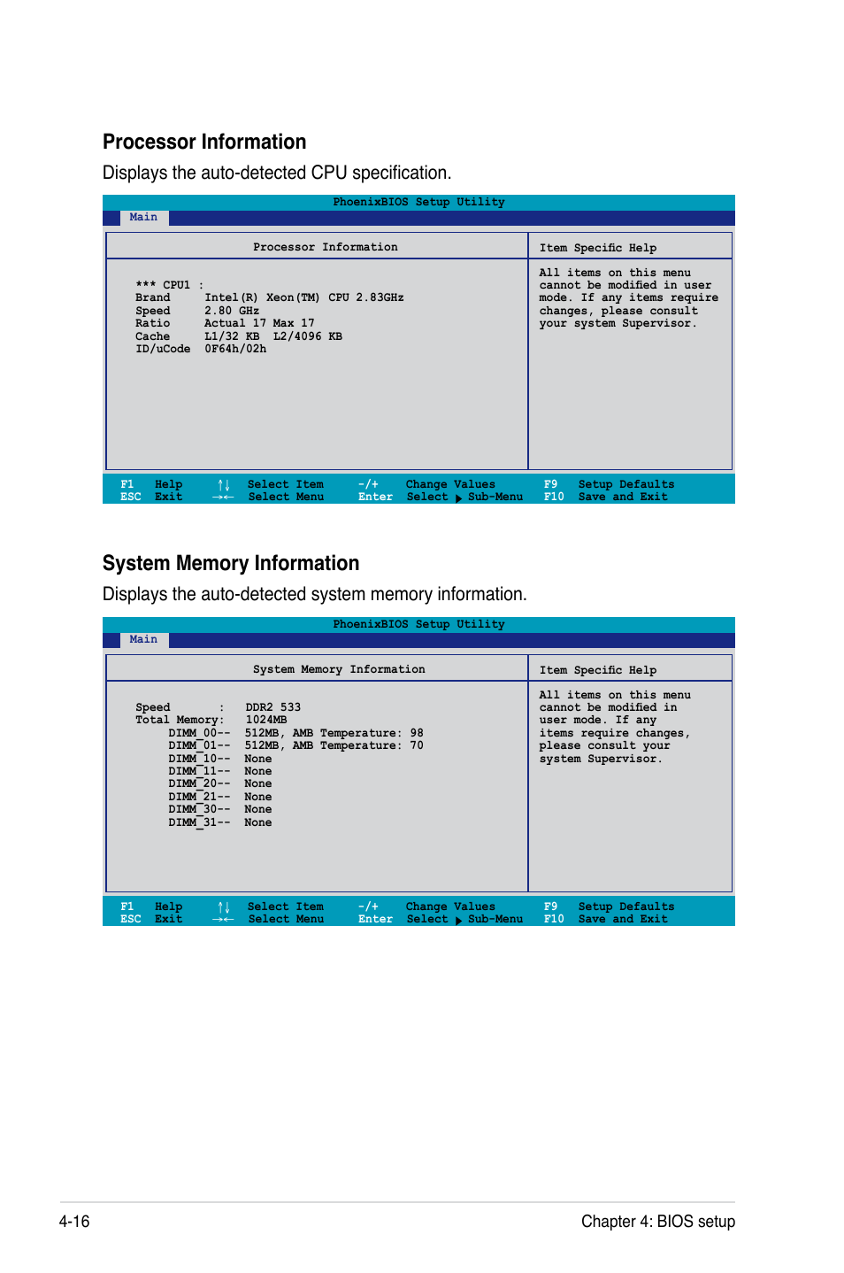 Processor information, Displays the auto-detected cpu specification, 16 chapter 4: bios setup | Asus DSBV-DX/C User Manual | Page 88 / 206