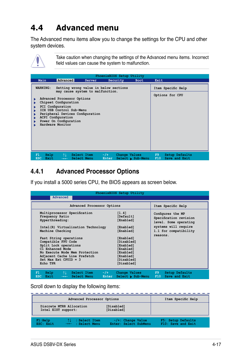 4 advanced menu, 1 advanced processor options, Scroll down to display the following items | Asus dsbv-dx series 4-17 | Asus DSBV-DX/C User Manual | Page 89 / 206
