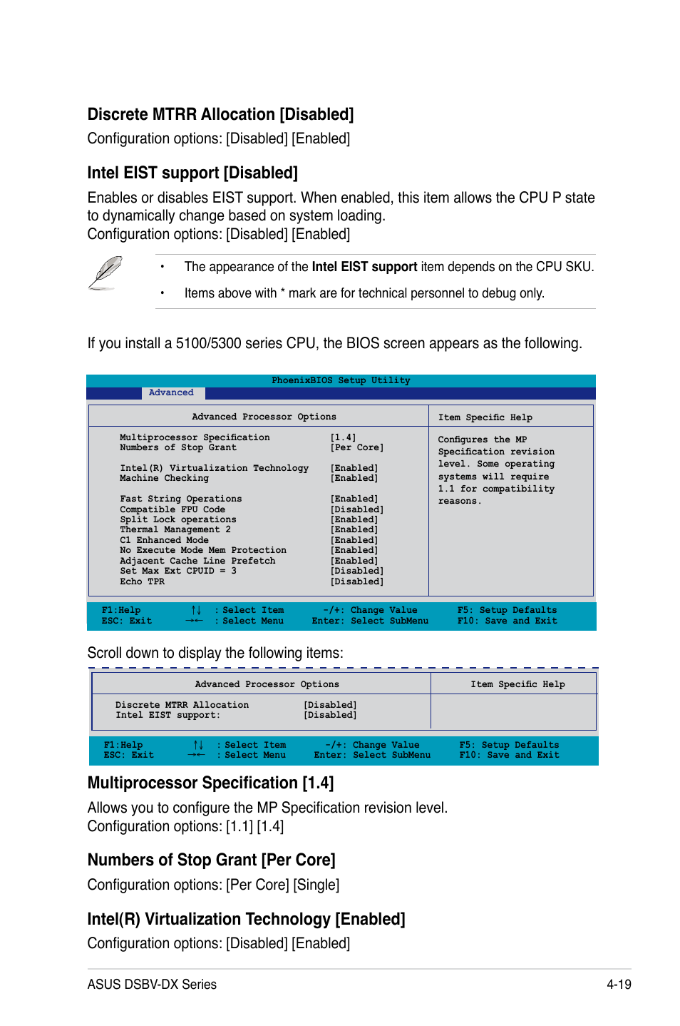 Discrete mtrr allocation [disabled, Intel eist support [disabled, Multiprocessor specification [1.4 | Numbers of stop grant [per core, Intel(r) virtualization technology [enabled, Configuration options: [disabled] [enabled, Configuration options: [per core] [single | Asus DSBV-DX/C User Manual | Page 91 / 206